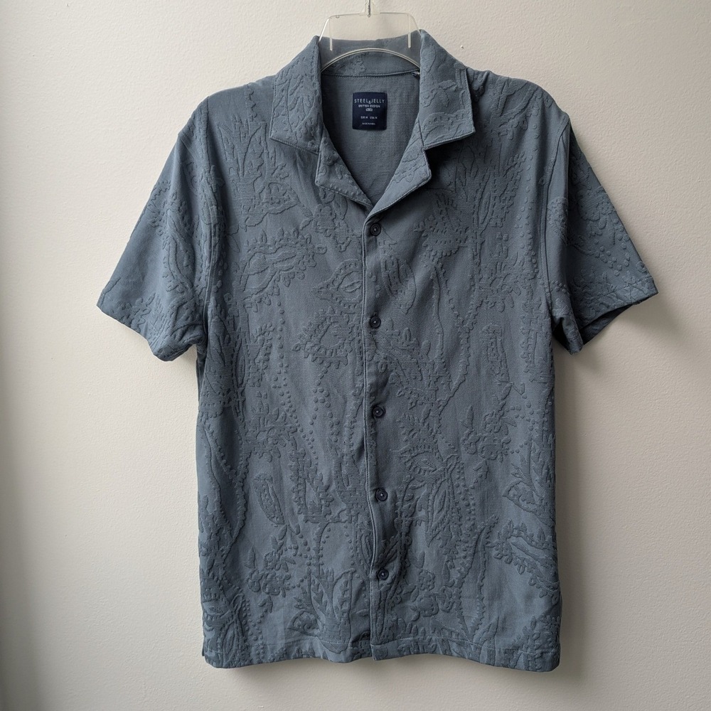 Steel & Jelly Button Up Shirt Slate Blue Paisley Jacquard Camp Collar Textured